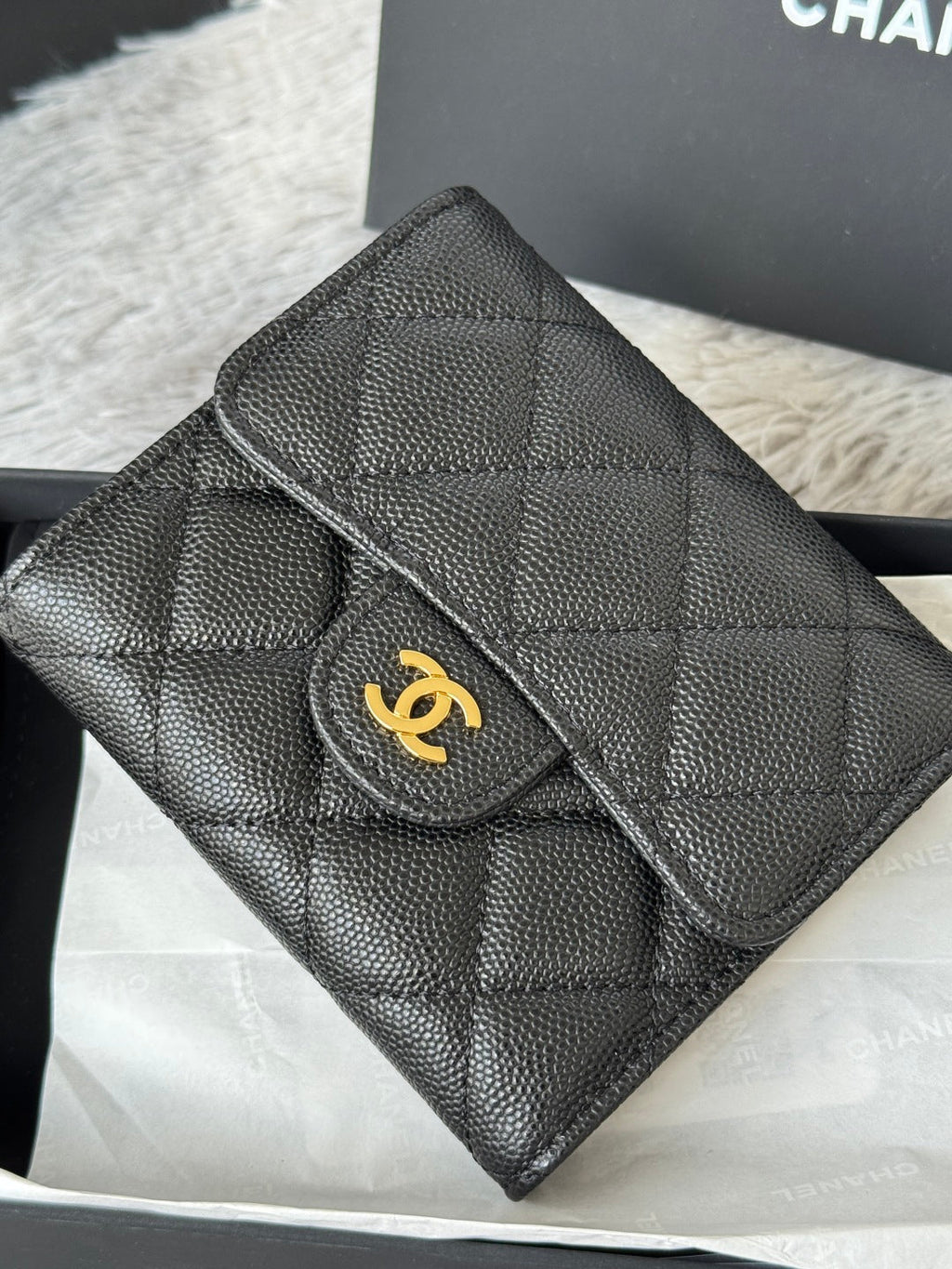 Chanel 25S Cf Small Tri Fold Wallet 11 in Black Caviar Gold Hardware