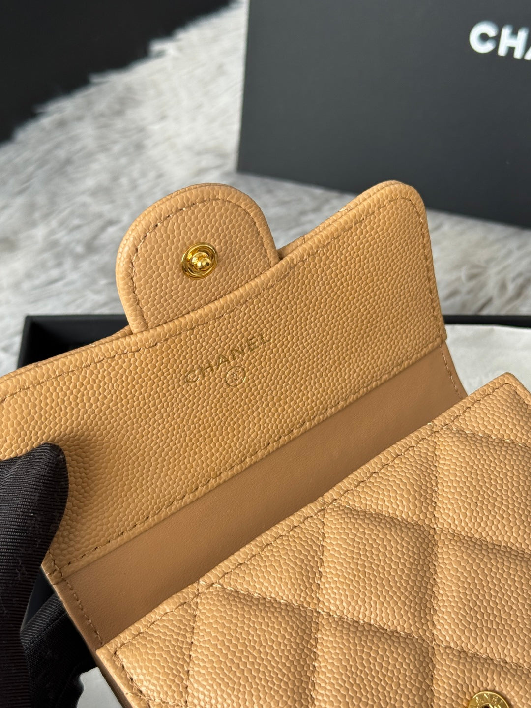 Chanel 25S Cf Small Tri Fold Wallet 11 in Golden Caramel Caviar Gold Hardware