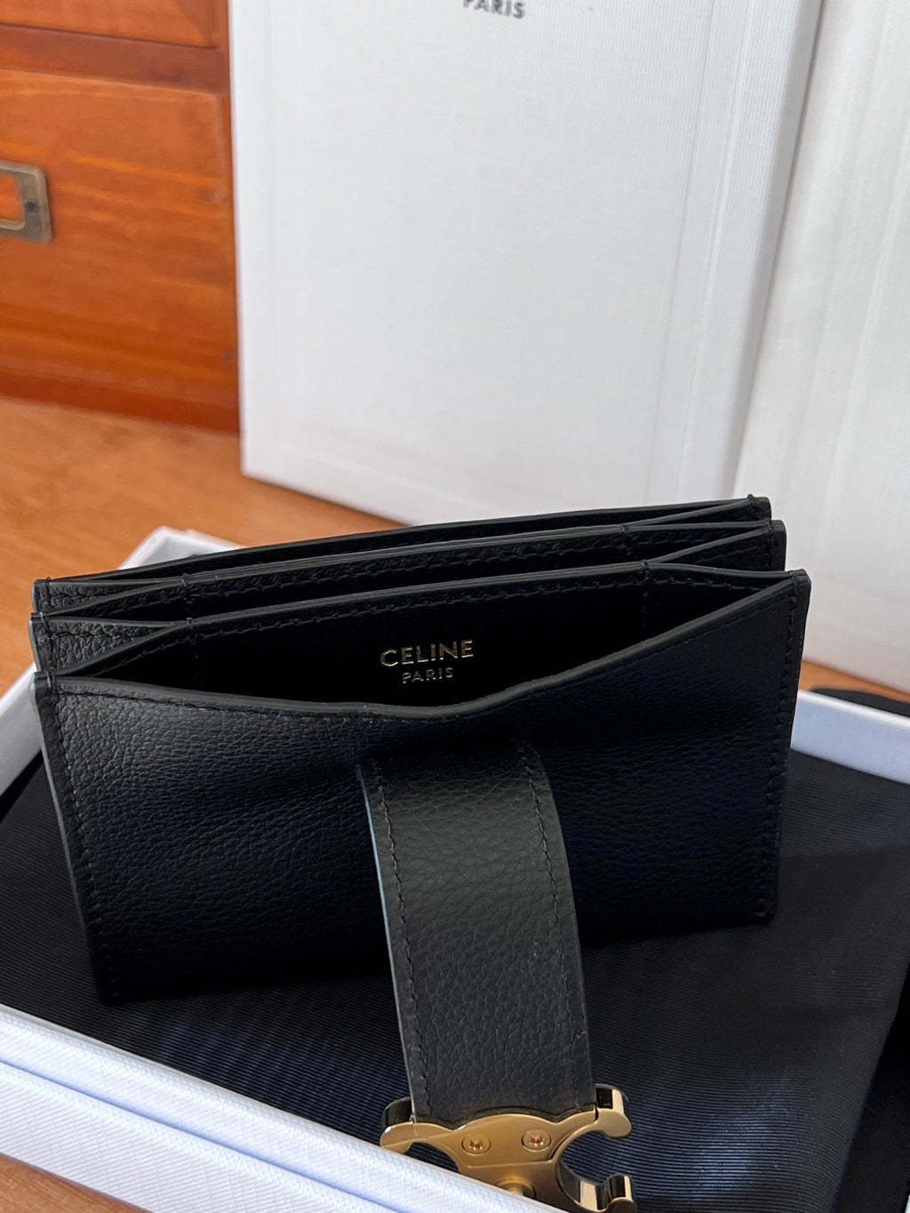 Celine 25S Triomphe Trifold Wallet 11 in Black Calfskin Gold Hardware