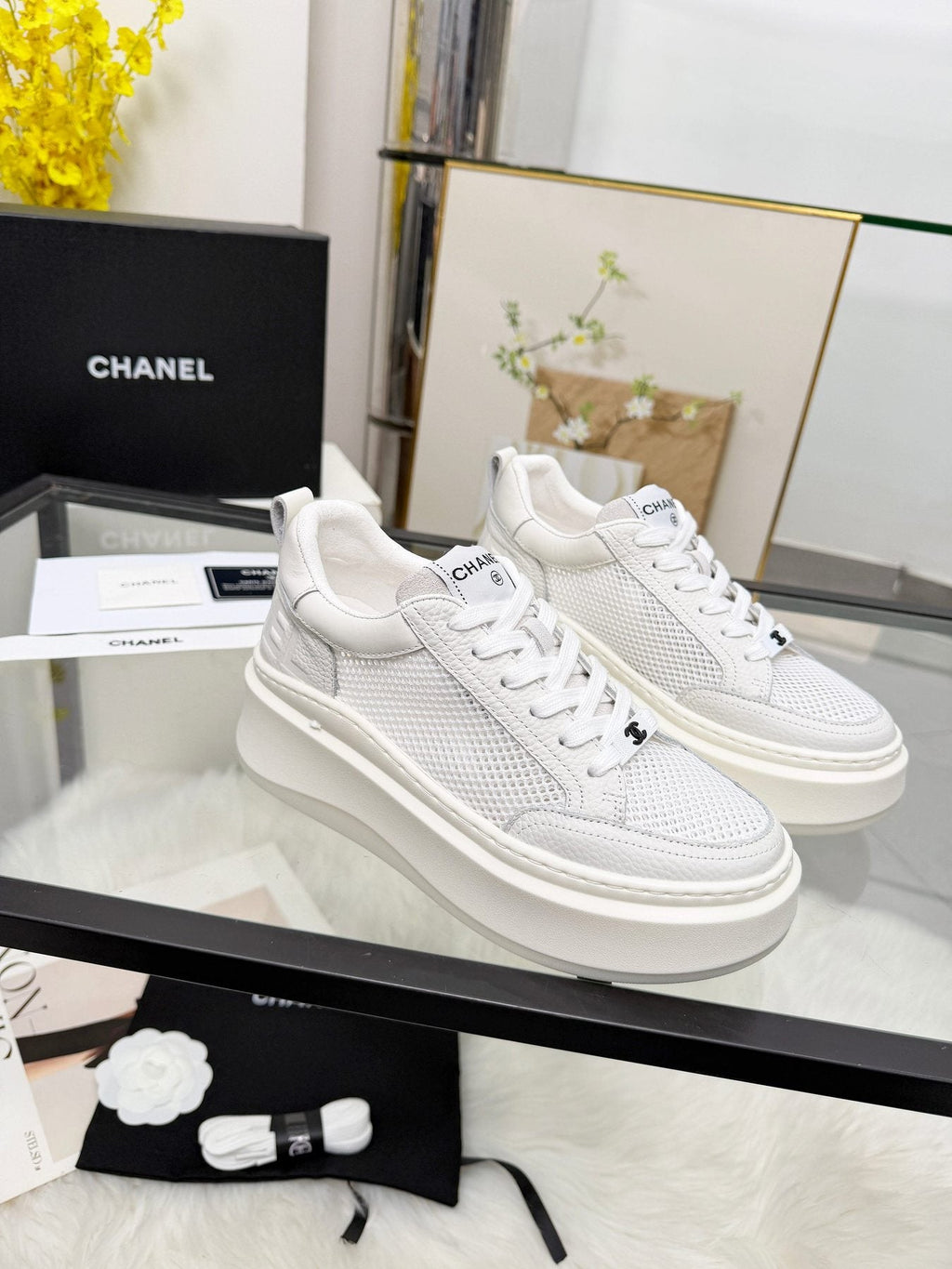 CHANEL White Platform Low-Top Sneakers — side