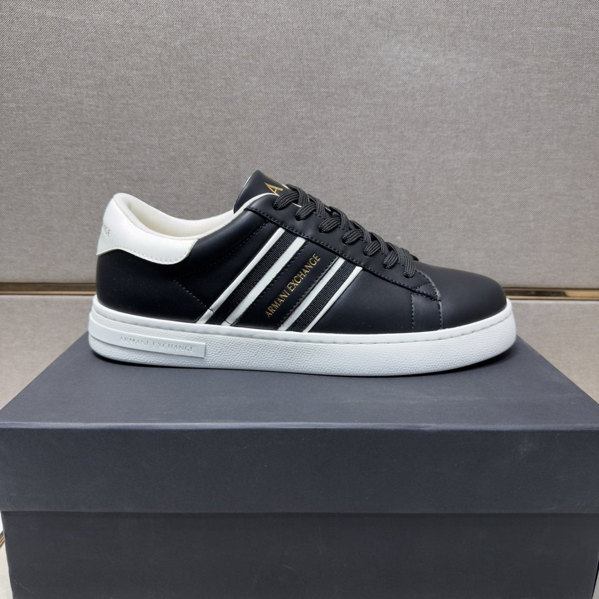 Armani Navy and White Stripe Sneakers — front